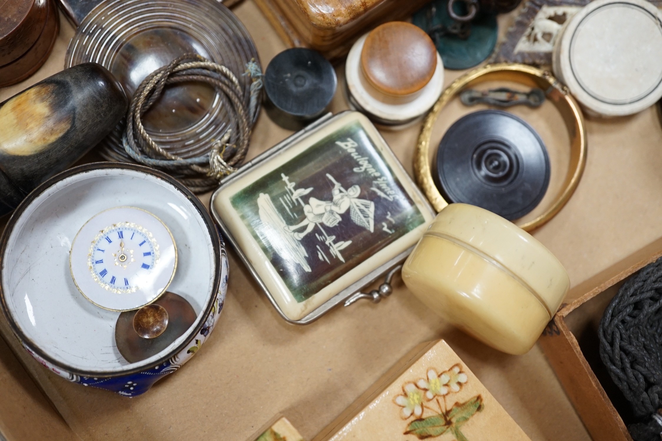 A collection of coquilla nut containers, various metal mounts, wooden and metal trinket boxes, mixed collectibles and jewellery